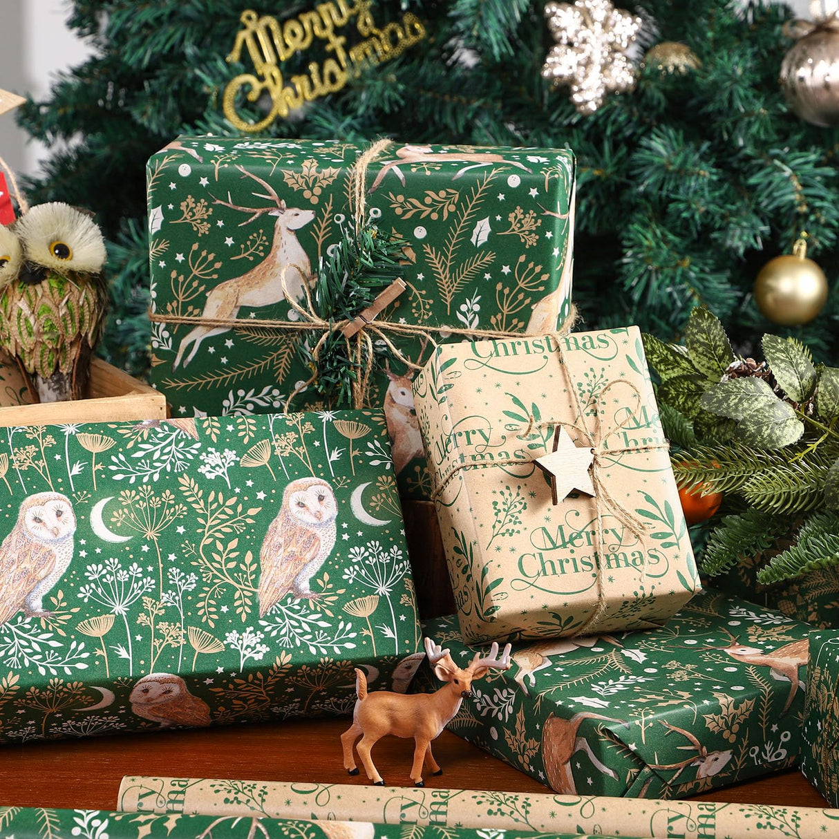 RUSPEPA Christmas Kraft Wrapping Paper - Owl, Reindeer, Christmas Ball and Text Design - 4 Rolls - 30 inches x 10 feet per Roll RUSPEPA