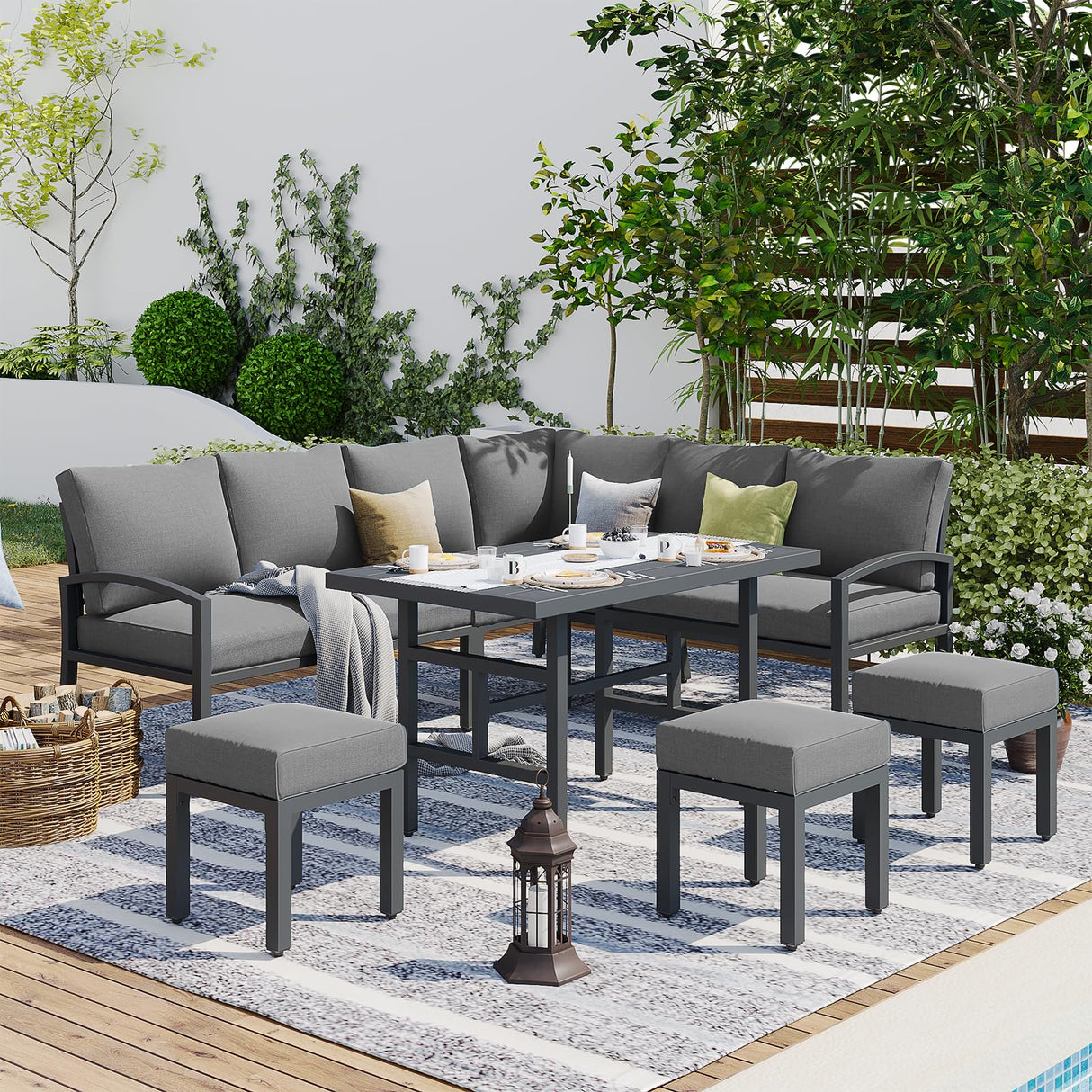 U-MAX Outdoor Patio Furniture Set, 7 Pieces Modern Metal Patio Furniture Set with Waterproof, Outdoor Dining Sofa Set with Table&Chair, Gray Cushions for Balcony, Porch, Lawn, Gray U-MAX