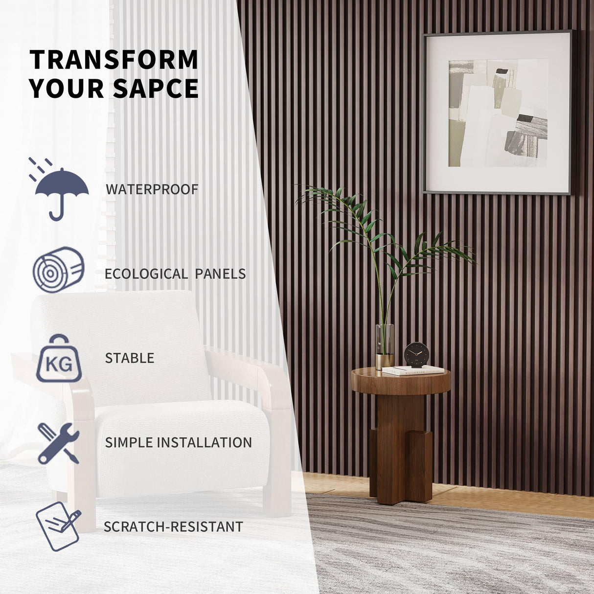 POHARE WPC Slat Wall Panels, 8 Pack Accent Decorative Acoustic Wood Slats for Wall and Ceilings, Acoustic Panels for Interior Wall Modern Décor, Walnut, 95 x 6 in POHARE