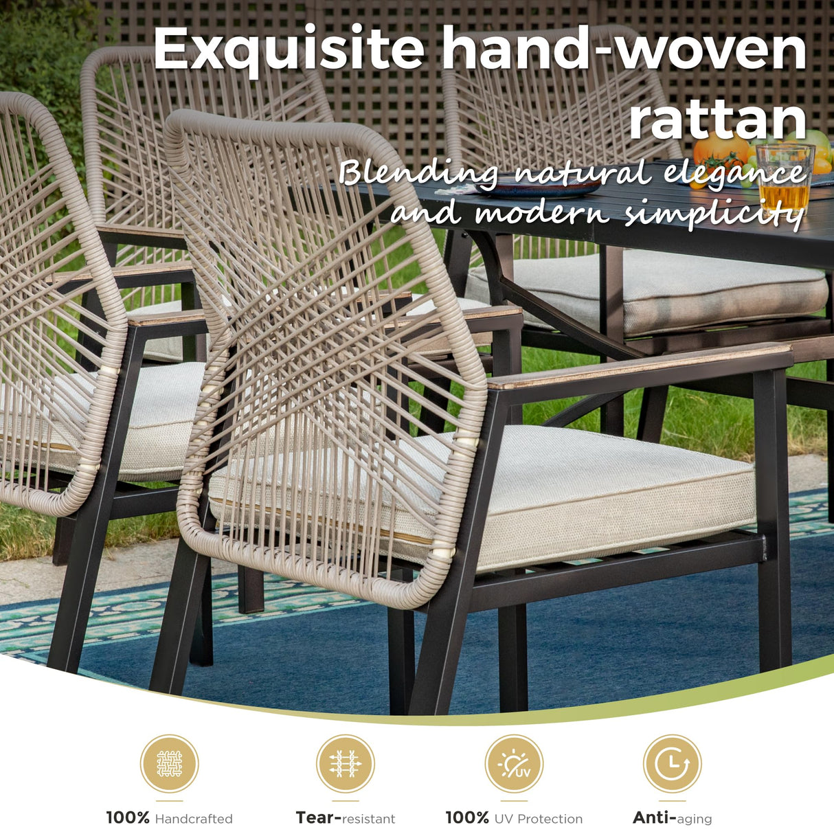 MIXPATIO 9 Pieces Outdoor Dining Set for 8, Patio Dining Set Wicker Rattan Chairs with Soft Cushion and Square Table with Umbrella Hole, Wicker Patio Table and Chairs for Backyard Porch MIXPATIO