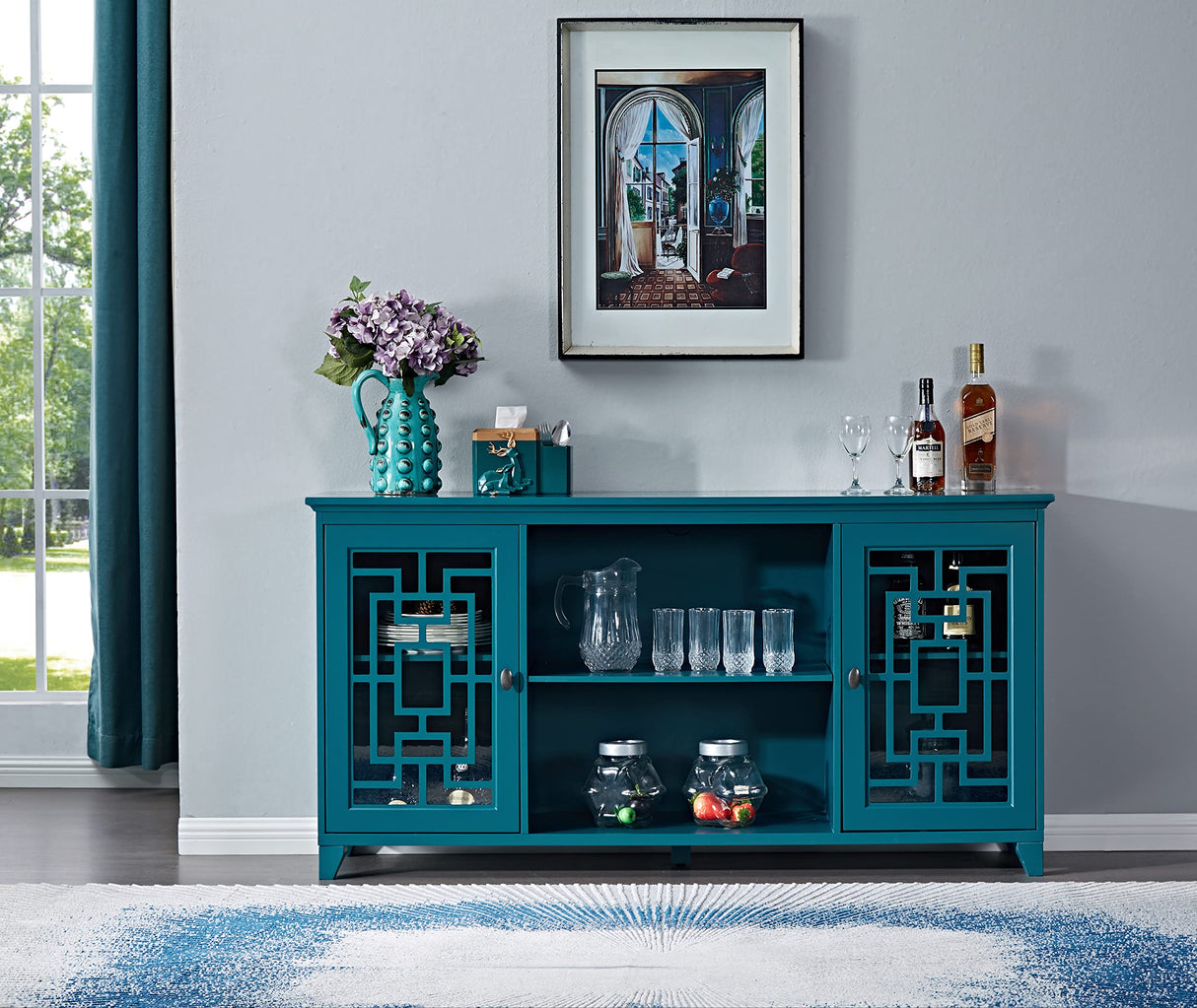 Daxue 60”W Blue Console Table Sofa Table Wood Sideboard with Adjustable Shelves and Doors, Accent Table for Entryway Living Room Hallway Kitchen Storage Cabinets, TV Stand for 75 inch tv, Teal Finish Daxue