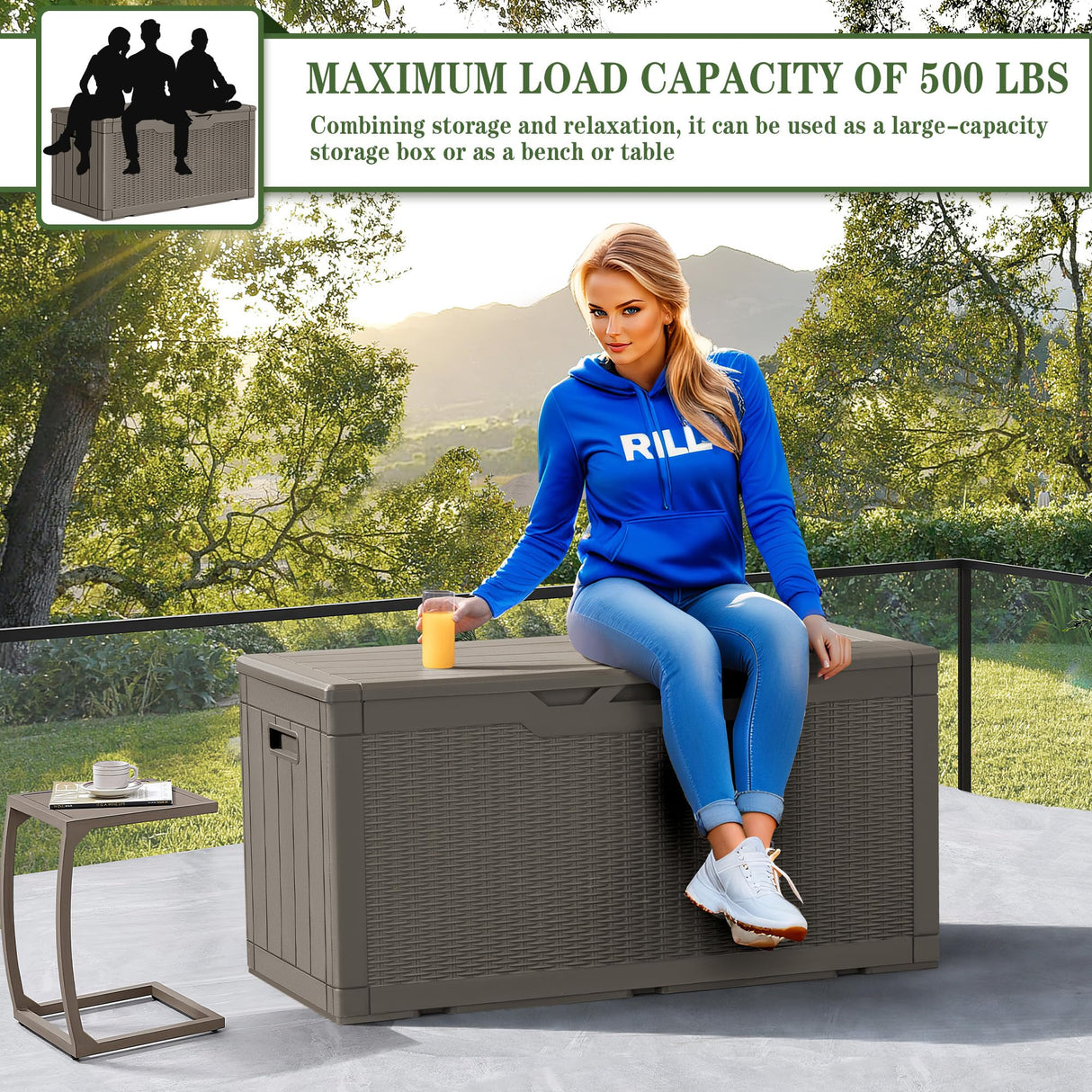 Greesum 100 Gallon Resin Deck Box Lockable Large Outdoor Storage Boxes for Garden Tools, Patio Furniture Cushions, Pool Supplies, Light Coffee Greesum