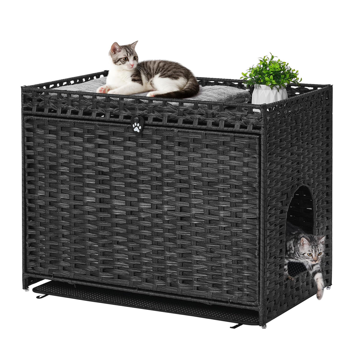 Cat Litter Box Enclosure with Soft Litter Mat; Hidden Cat Washroom Furniture with Door; Handwoven Rattan Cat House with Large Space; Pet Crate for Living Room, Bedroom, Balcony (Black) Honiakaka