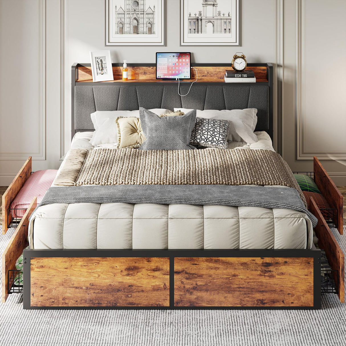 LIKIMIO Vintage Brown Queen Bed Frame with 4 Storage Drawers and Charging Headboard LIKIMIO