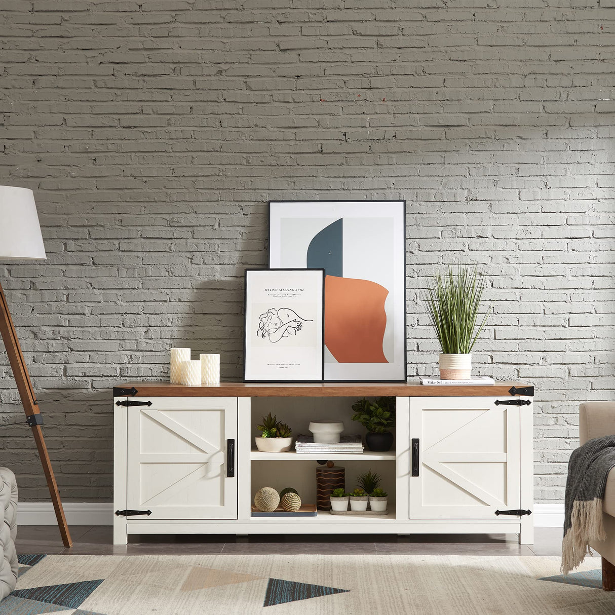 T4TREAM Farmhouse TV Stand for TVs Up to 75 inches, Wood Barn Door Media Television Console Table with Storage Cabinets, Easy Assembly Modern Entertainment Center for Living Room, Antique White T4TREAM