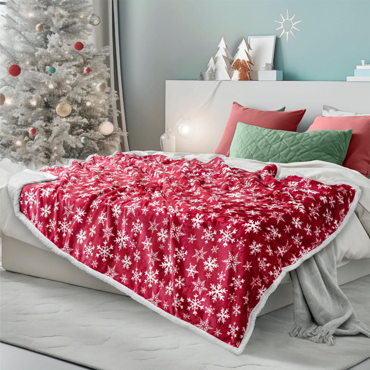 PAVILIA Premium Christmas Sherpa Throw Blanket | Red Snowflake Decoration, Fleece, Plush, Warm, Cozy Reversible Microfiber Holiday Blanket 50 x 60 PAVILIA