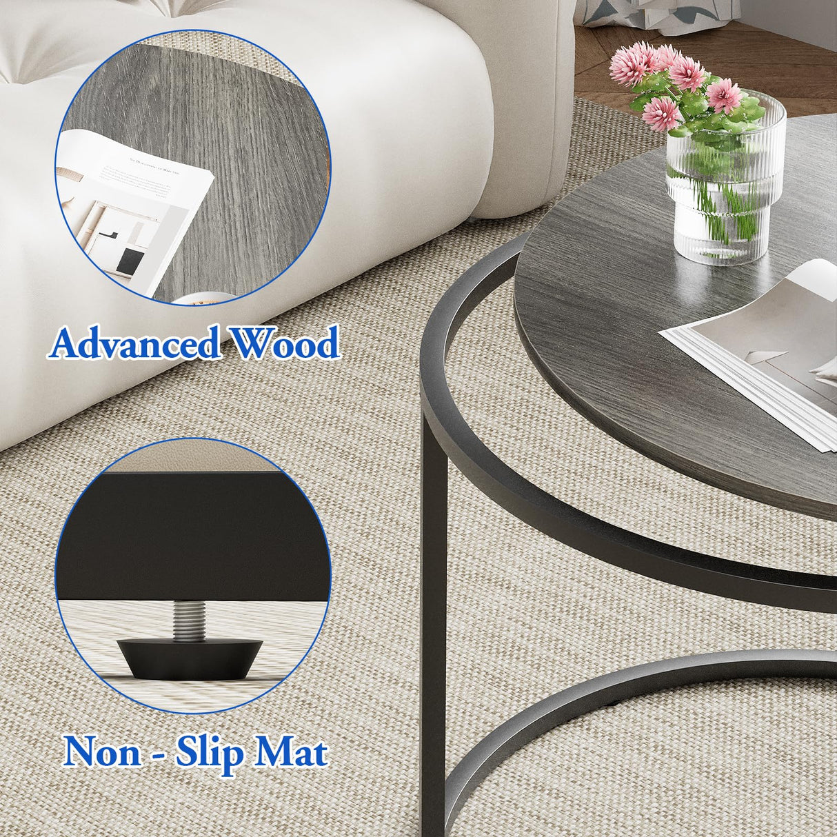 VILAWLENCE Nesting Coffee Table Set of 2, Modern Round Side Table End Tables for Living Room Bedroom Balcony,Grey Wooden Stacking Accent Coffee Tables with Metal Frame VILAWLENCE