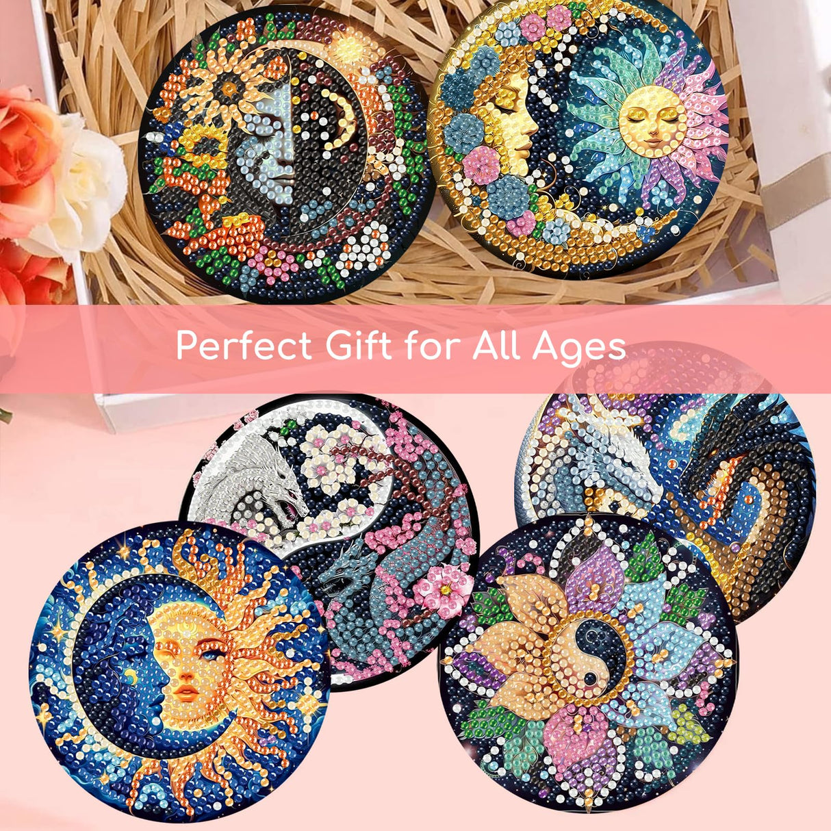 8 PCS Sun and Moon Diamond Art Coasters-Sun Diamond Painting Coasters Kits with Holder, DIY Moon Coaster Kit with Cork Bases for Adults Beginners as Gift Home Decors HITO