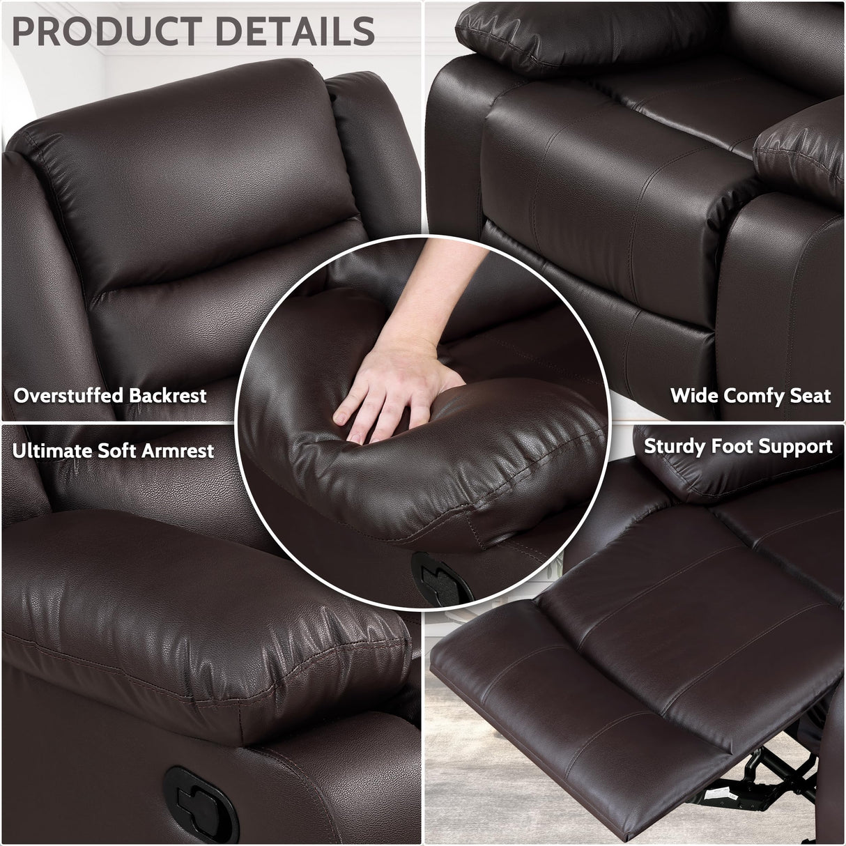 PrimeZone Oversized Rocker Recliner Chair - Comfy Wide Lazy Boy Recliner Chair with Overstuffed Armrest, Faux Leather Manual Reclining Chairs for Living Room, Bedroom, Home Theater Seating, Brown PrimeZone