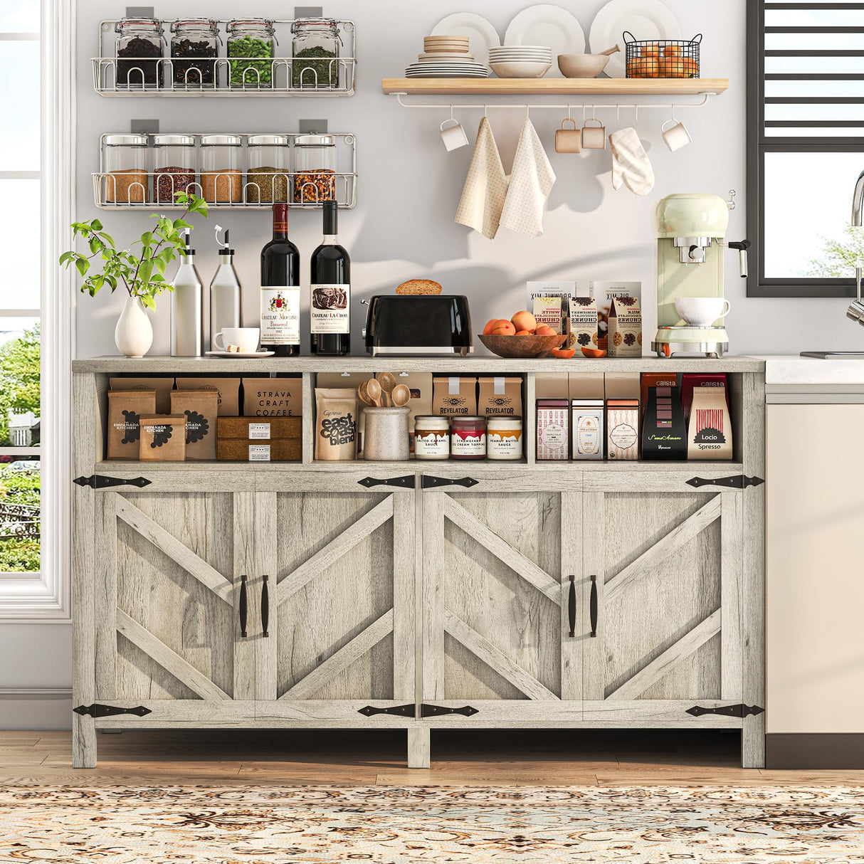 knoworld Buffet Cabinet with Storage Farmhouse with 4 Doors, 55'' Large Kitchen Storage Cabinet Wood Coffee Bar Buffet Sideboard for Kitchen, Dining Room, Entryway knoworld