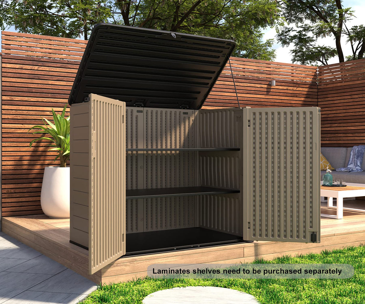 HOMSPARK Storage Shed Weather Resistance, Multi-Purpose Outdoor Storage Cabinet for Backyards and Patios, Horizontal Storage Shed for Lawnmower, Patio Accessories (Brown, X Large - 48 cu.ft) HOMSPARK