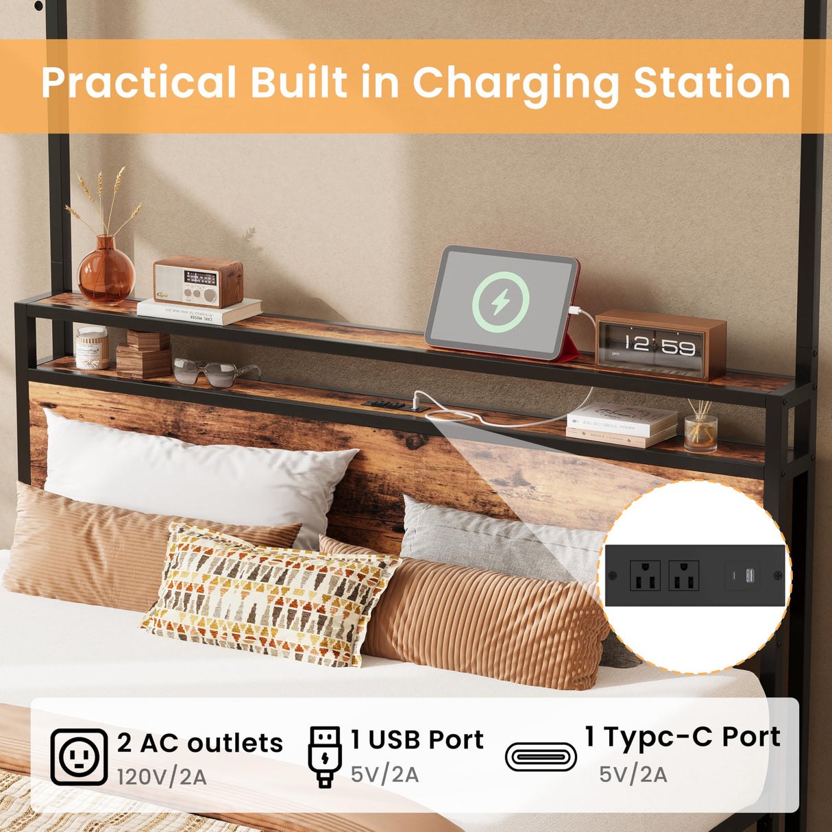 LIKIMIO Canopy Bed Frame Queen with Storage Headboard & Charging Station, Sturdy Metal Platform Bed with 4 Removable Posts, Dual Purpose Bed Frame, No Box Spring Needed, Noise Free LIKIMIO