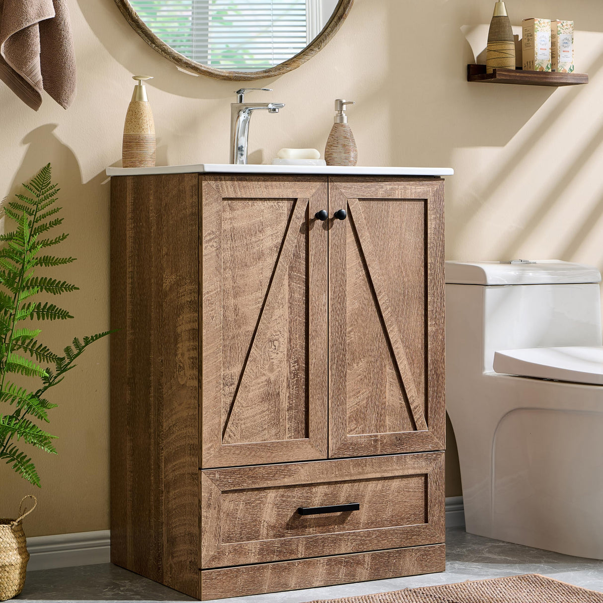 24" Farmhouse Bathroom Vanity with Sink, Bathroom Vanity Sink Cabinet with Large Storage Drawer, Modern Floor Standing Bathroom Vanity with Barn Door, Soft Closing & Metal Handle, Light Brown Aitjunz