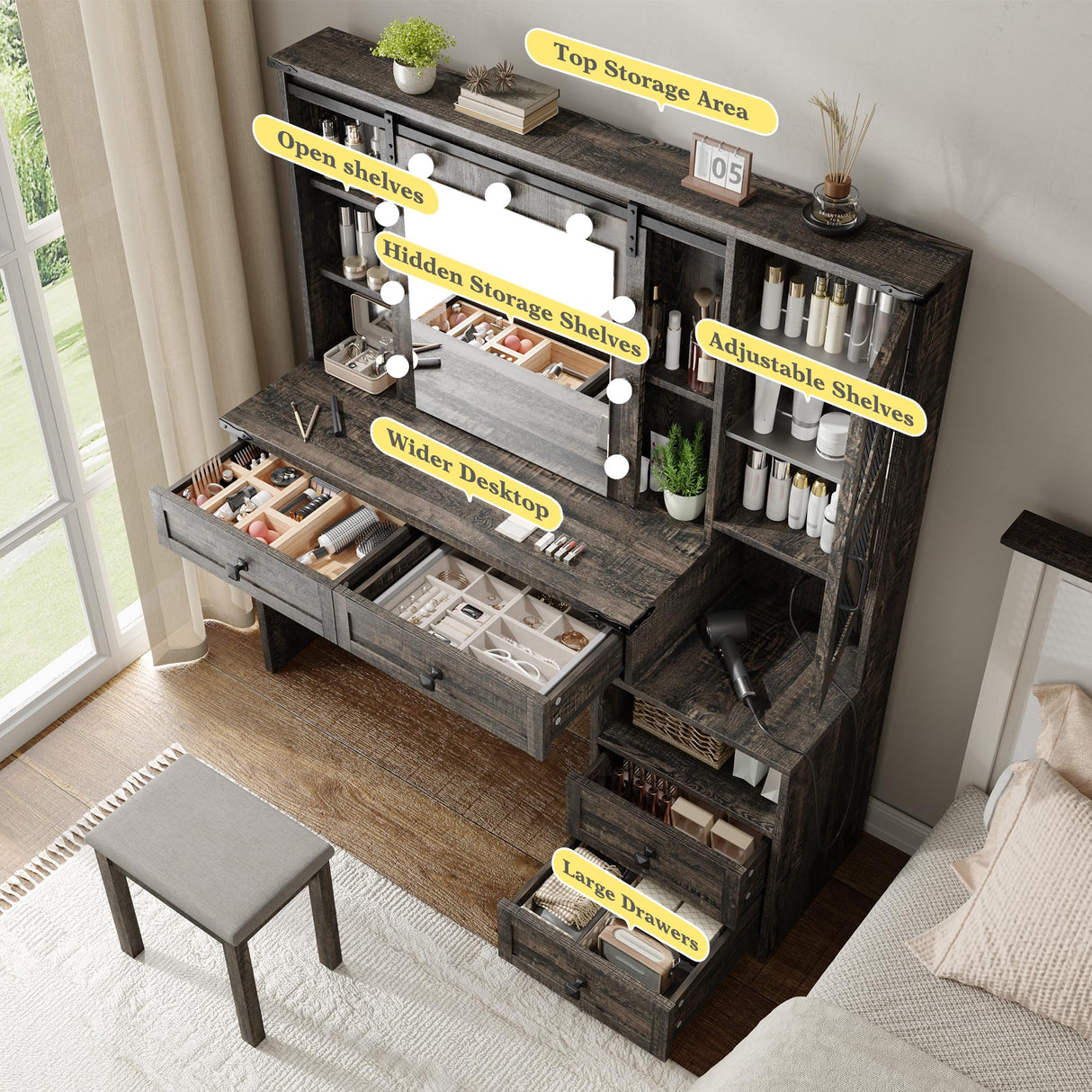 EnHomee 47.2"W Farmhouse Vanity Makeup Vanity Desk with Mirror and Lights,Vanity Table with 4 Drawers & Shelves Big Makeup Desk with Charging Station for Bedroom, Dark Rustic Oak (Stool not Included) EnHomee