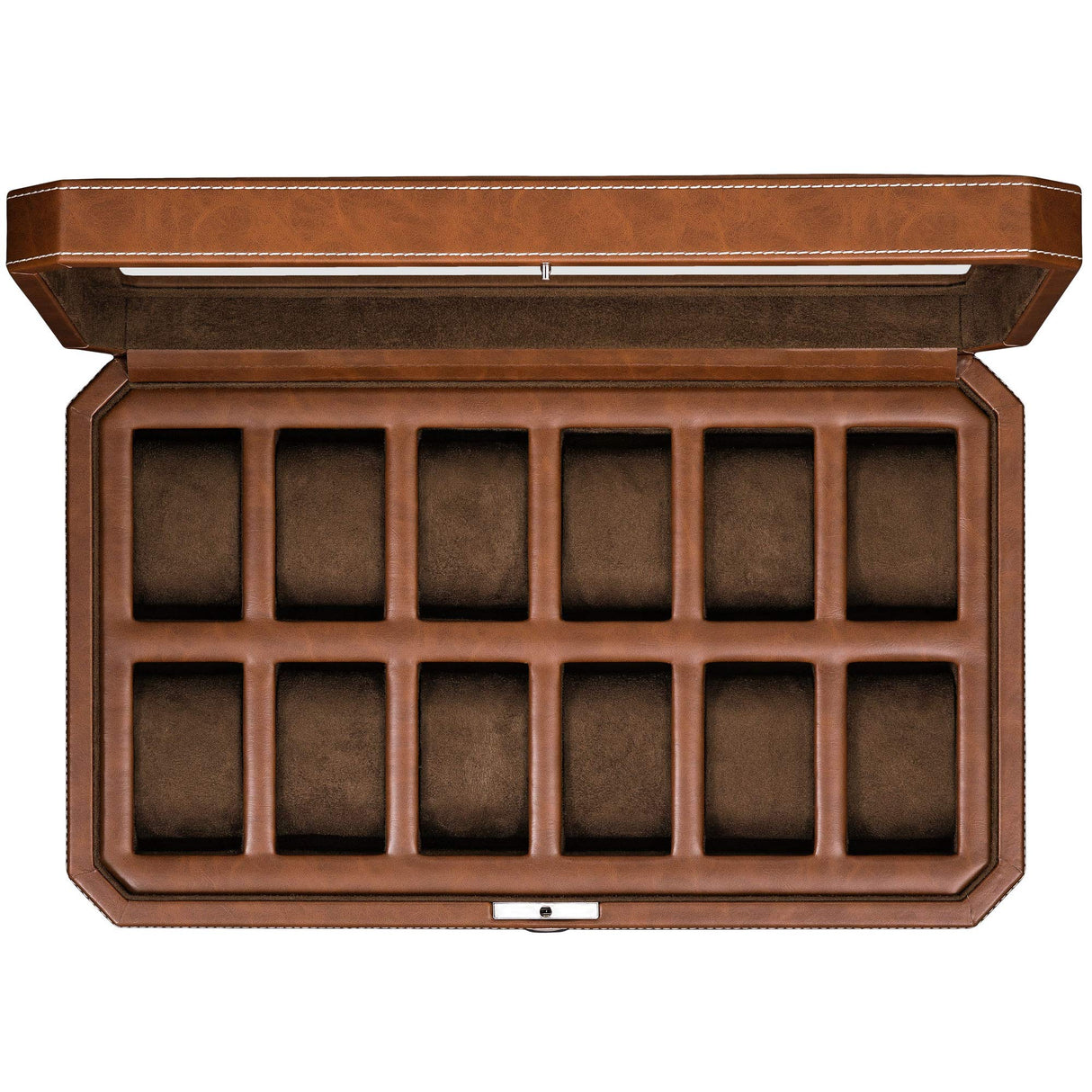 ROTHWELL 12 Slot Leather Watch Box - Luxury Watch Case Display Organizer, Microsuede Liner, Locking Mens Jewelry Watches Holder, Men's Storage Boxes Holder Large Glass Top (Tan/Brown) ROTHWELL