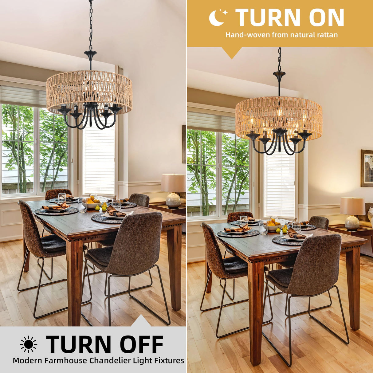 Bagood 5-Light Large Boho Rattan Pendant Lighting with Hand Woven Wicker Shade 19.7" Wicker Light Fixture Farmhouse Rattan Chandelier Drum Pendant Light Fixture for Dining Room Living Room Kitchen Bagood