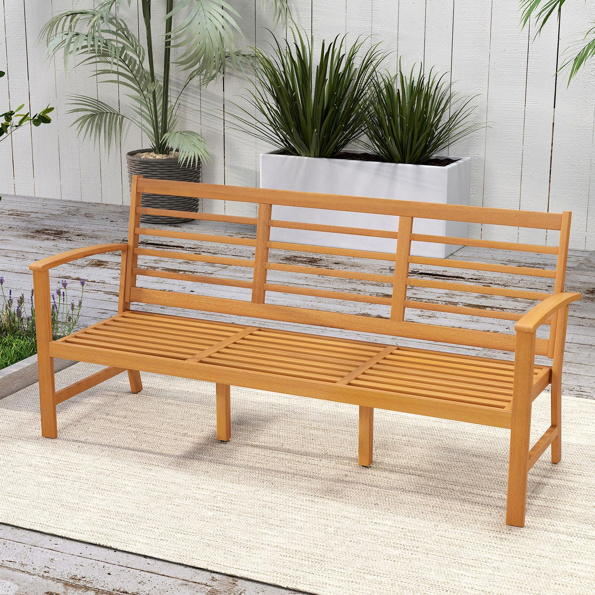 Tangkula 64 Inch Patio Acacia Wood Bench, 3-Seat Extra Long Chair with Cushion, Slatted Seat & Backrest, 3-Person Outdoor Wood Bench for Backyard, Porch, Balcony & Garden Tangkula