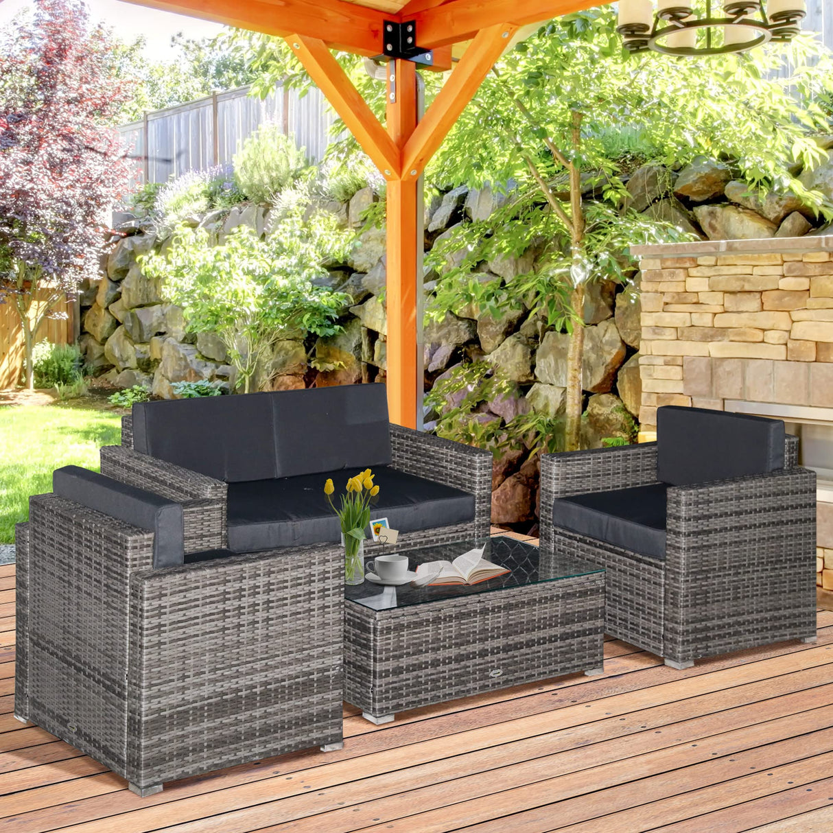 Outsunny 4 Piece Wicker Patio Furniture Set with Cushions, Outdoor Sectional Furniture with 2 Sofa, Loveseat, and Glass Top Coffee Table, Conversation Sofa Sets for Garden, Black Outsunny
