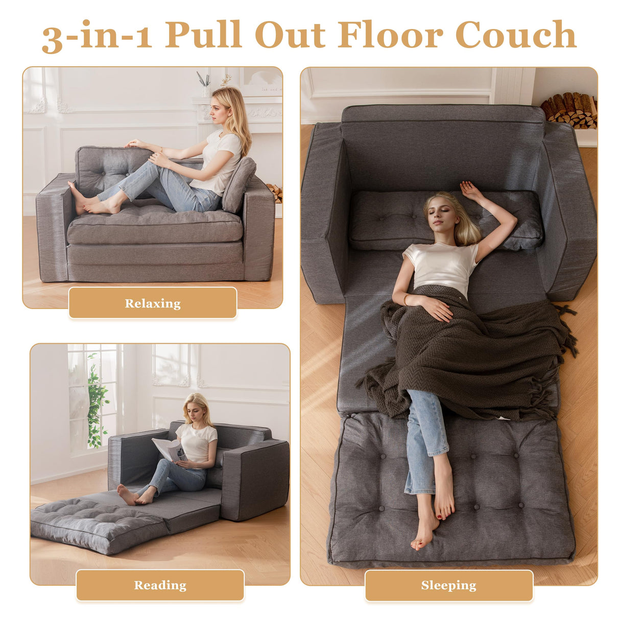 YOSHOOT Loveseat Sleeper Sofa,55" Convertible Sofa Bed Couch Futon Couches for Living Room,3-in-1 Pull Out Floor Couch with Backrest and Pillows YOSHOOT