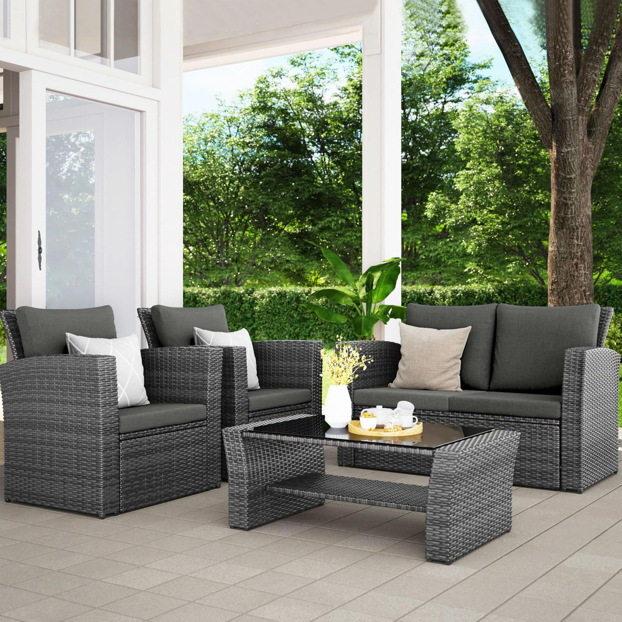 Wisteria Lane 4 Piece Outdoor Patio Furniture Sets, Wicker Conversation Set for Porch Deck, Grey Rattan Sofa Chair with Cushion (Dark Grey Wisteria Lane