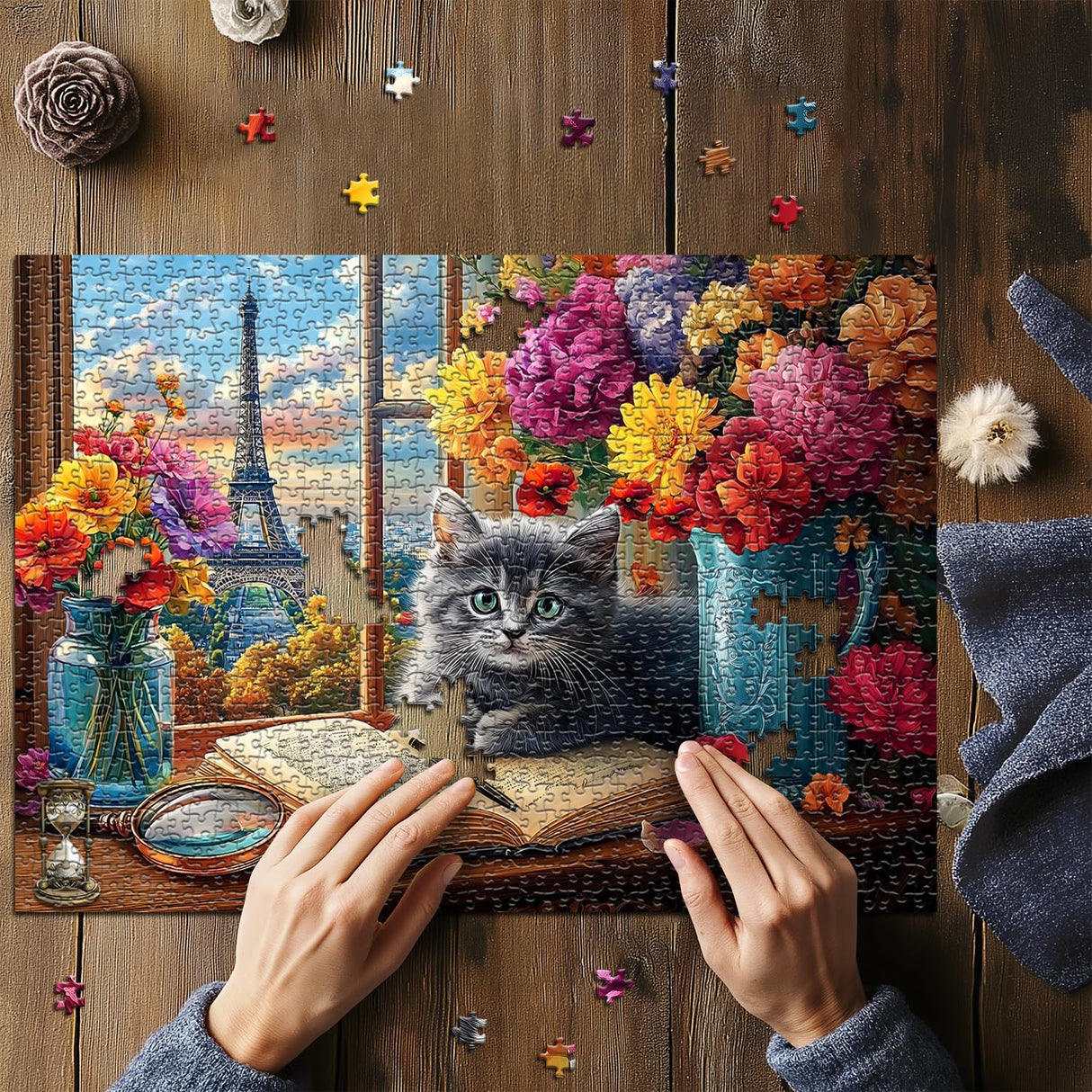 PICKFORU Cat Puzzles for Adults 1000 Pieces, Kitty Flower Book Puzzle,Eiffel Tower Kitten Jigsaw Puzzle Scenic, Animals Floral Jigsaw Puzzles for Adults PICKFORU