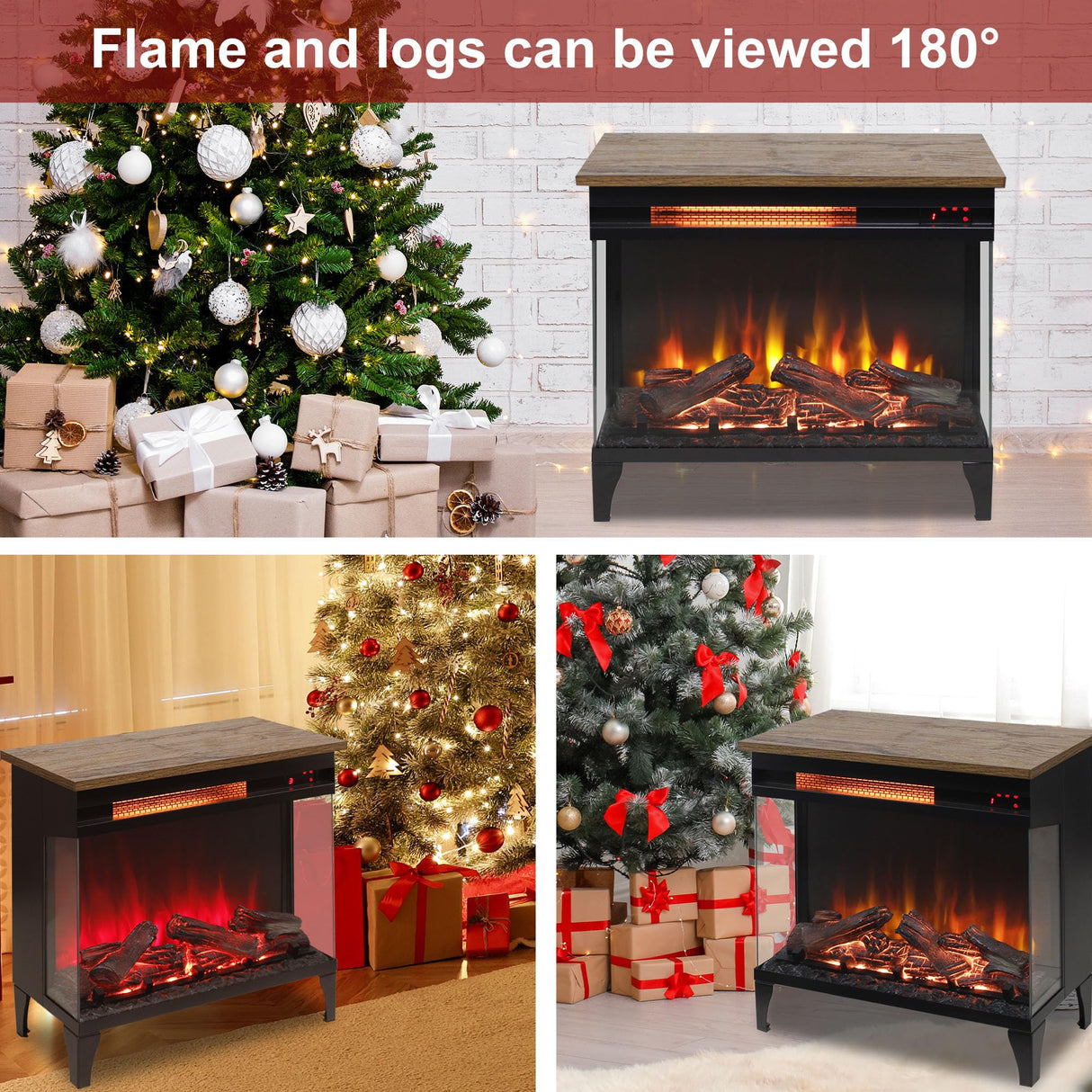 Innoflame 24" Electric Fireplace Heater, 3-Sided Glass & Wooden Top Design, Adjustable 4 Flame Colors, Remote, Timer, 1500W Infrared Heater w/Overheat Protection, Fireplace Heaters for Indoor use Innoflame