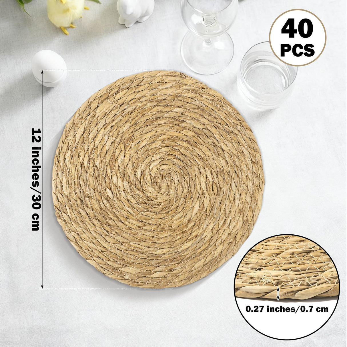 Elcoho 40 Pieces Round Woven Placemats 12 Inch Boho Rattan Placemats Farmhouse Braided Place Mats Woven Plate Chargers Rustic Wicker Table Mats for Dining Table Elcoho