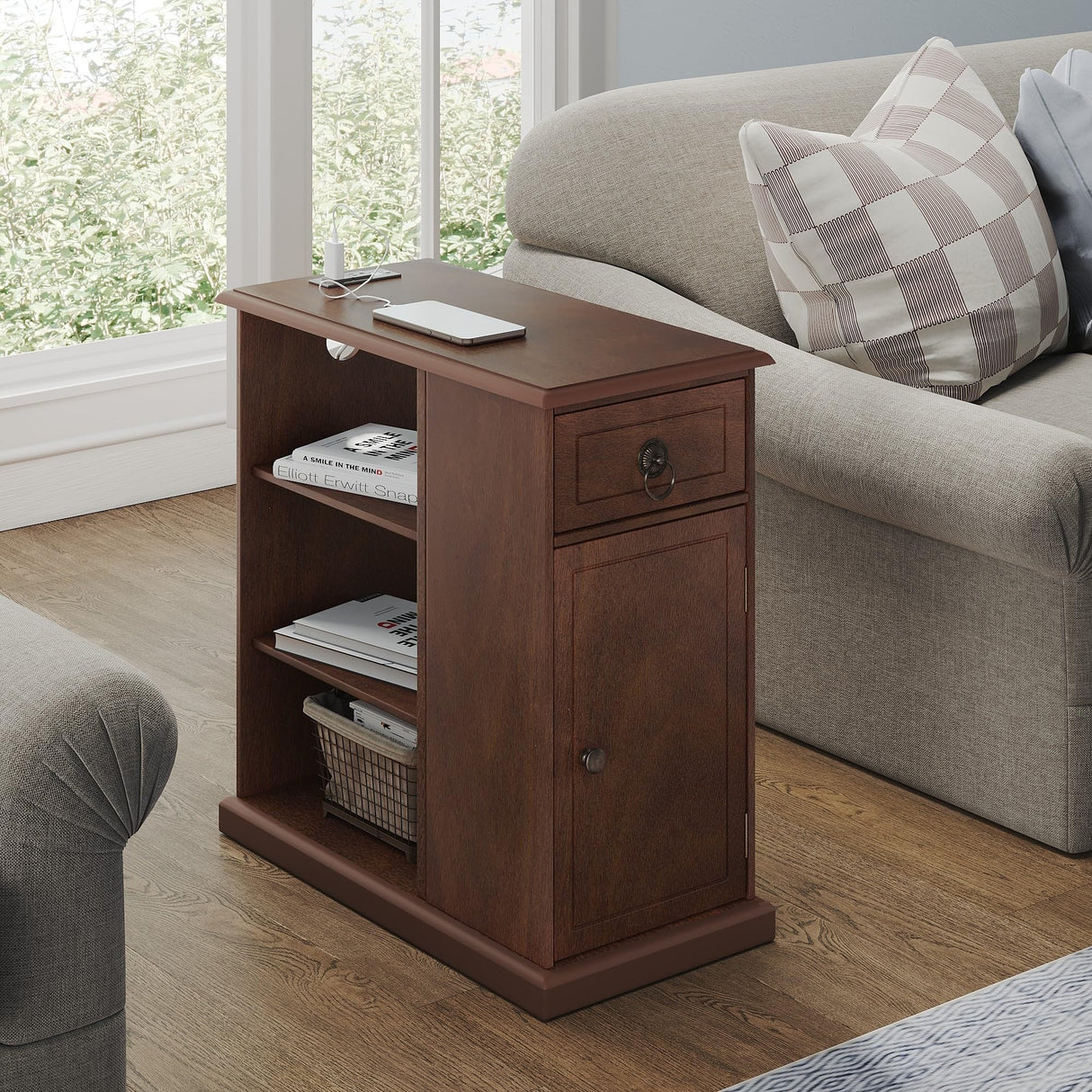 ChooChoo Farmhouse XXL End Table with Charging Station,Narrow Sofa Side Table with Adjustale Shelf, 3 Tier Rustic Night Stand for Small Place Living Room, Cherry Brown ChooChoo