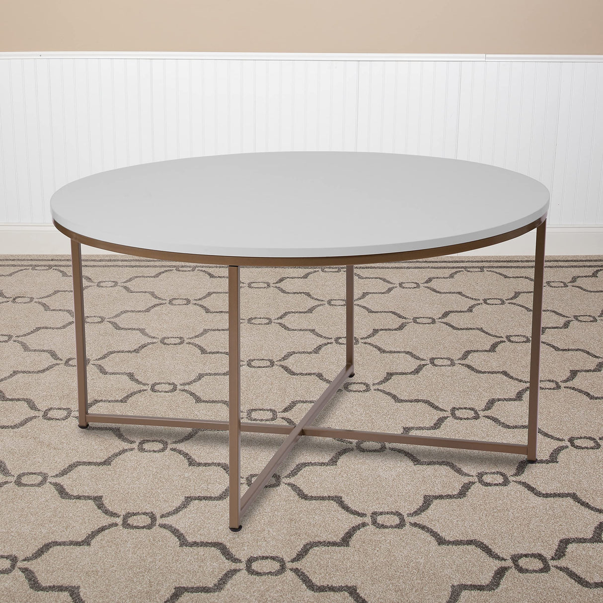 Flash Furniture Hampstead Collection Coffee Table - Modern White Finish Coffee Table - Crisscross Brushed Gold Frame Flash Furniture