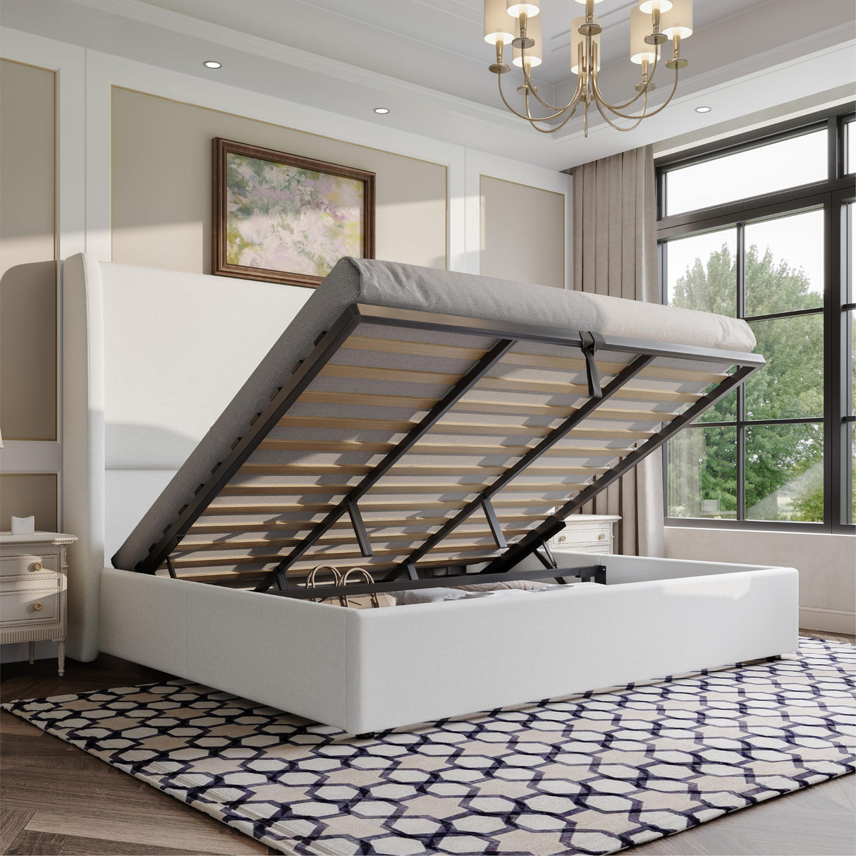 AMERLIFE Lift Up Storage Bed King Size Linen Upholstered Platform Bed Frame, Hydraulic Storage,Modern Wingback Headboard, No Box Spring Needed, White AMERLIFE