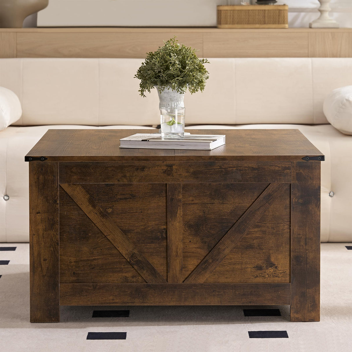 OKYCI Farmhouse Coffee Table for Living Room, Wood Square Coffee Tables, 31.5" D x 31.5" W, Rustic Brown OKYCI