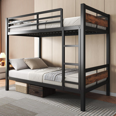 Feonase Metal Bunk Bed Twin Over Twin with Ladder and High Guardrail, Heavy-Duty Metal Slats Support, Noise Free, No Box Spring Needed, for Kids and Juniors, Vintage