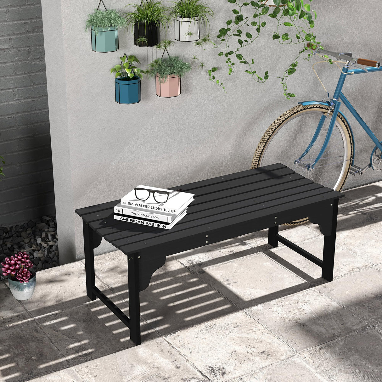 Outsunny Wooden Garden Bench, Outdoor Park Bench with Slatted Seat, Backless Front Porch Bench with Curved Seat for Conservatory, Garden, Poolside, Deck, Black Outsunny