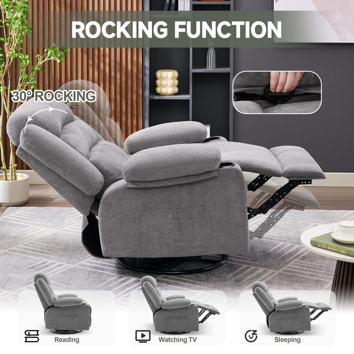 Rocker Recliner Chair with Heat and Massage, 360° Swivel Recliner Chairs for Adults, Oversized Recliner Single Sofa Seat with Cup Holders, Lazy Boy Recliner Single Sofa Seat, Grey Huatean Home