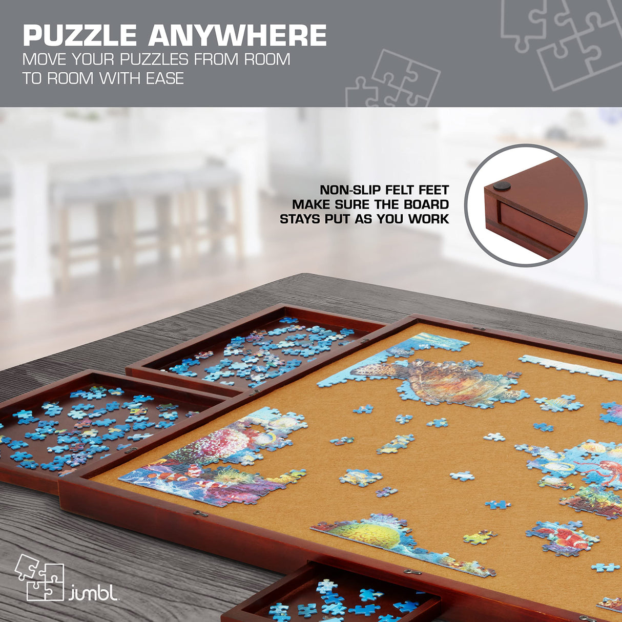 Jumbl Premium 1500-Piece Puzzle Board w/Felt Surface, 6 Removable Sorting Drawers, Interlocking Cover | 27" x 35" Wooden Jigsaw Puzzle Table | Reinforced Hardwood Construction Jumbl