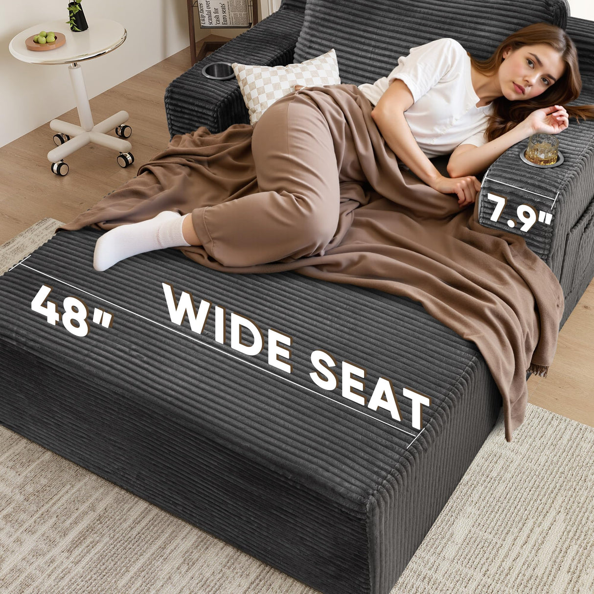 Homall Oversized Chaise Lounge Chair, Cloud Couch with Fluffy Upholstered, Deep Seat Sleeper Sofa Bed with Two Cup Holders, Comfy Boneless Couch No Assembly Required for Living Room, Apartment (Black) Homall