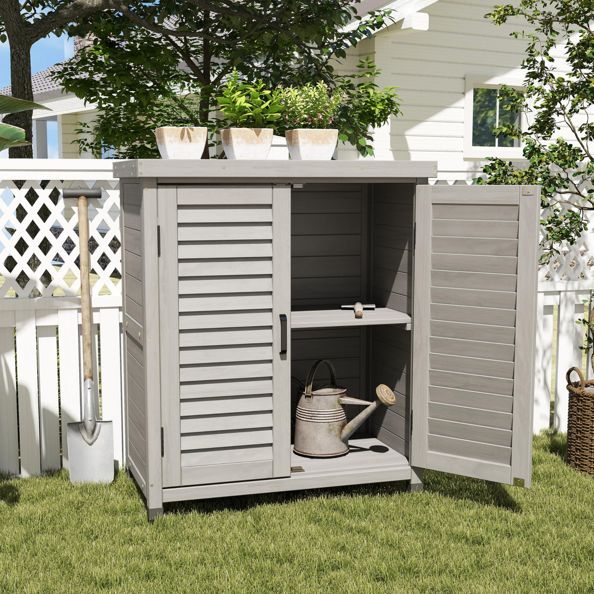 KEIKI Outdoor Potting Bench with Storage Cabinet & Metal Table Top, Weatherproof Garden Workstation, Hemlock Wood KEIKI
