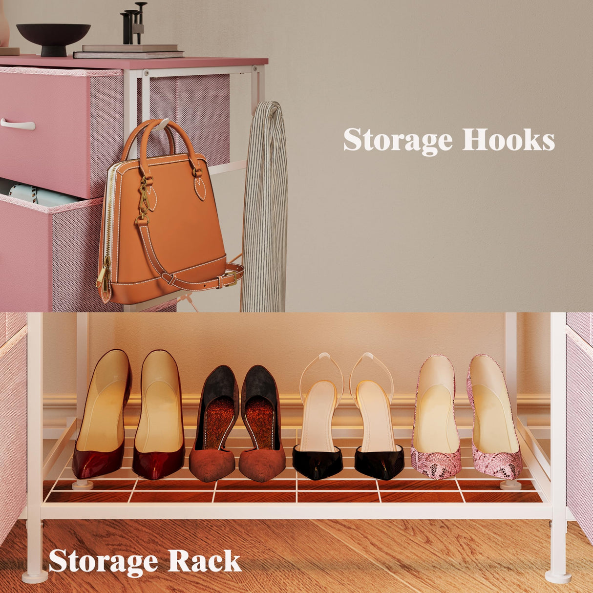 LUMTOK 2-in-1 Dresser with Hanging Rack, 10 Drawers Dresser for Bedroom,Dressers with Fabric Drawers,LED Lights, Charging Station and Hanging Racks for Bedroom (Pink) LUMTOK