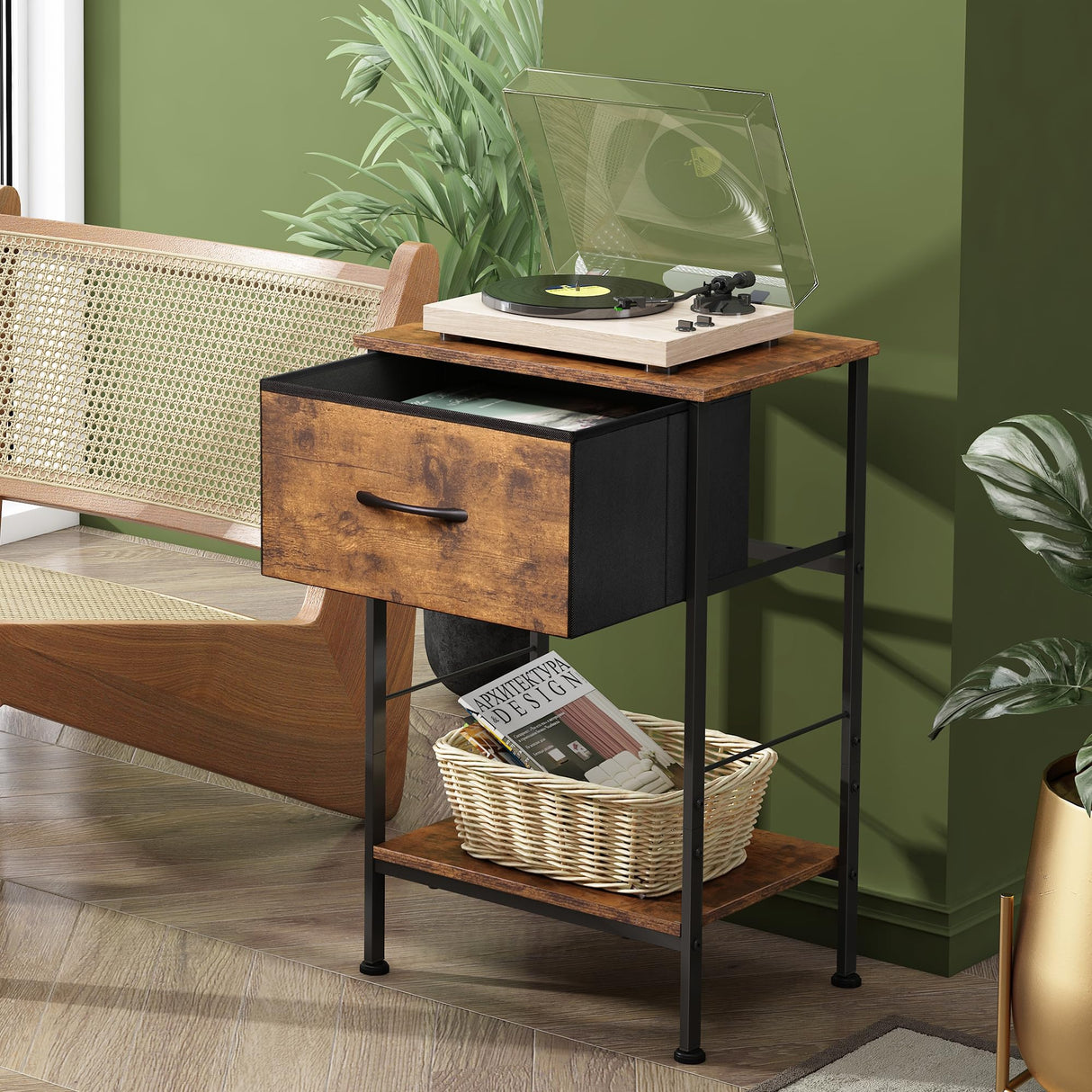 WLIVE Nightstand, Bedside Side Table for Bedroom, Dorm with Steel Frame, Night Stand End Table with Fabric Storage Drawer, Easy Assembly, Rustic Brown Wood Grain Print, 11.73''D 15.67''W 25.03" H WLIVE