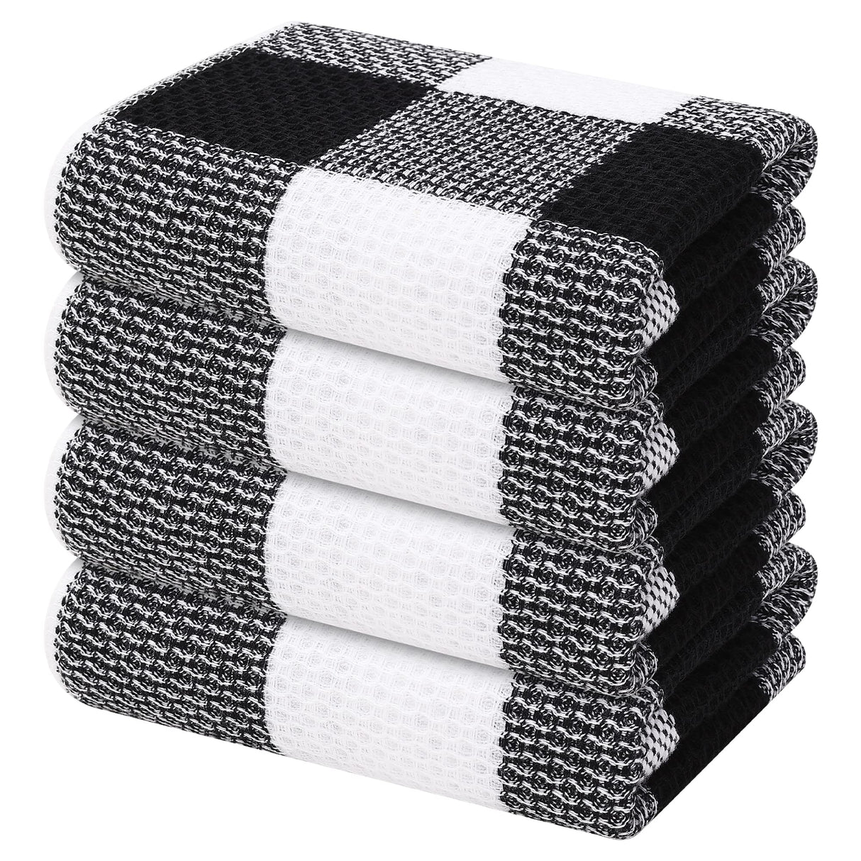Mordimy 100% Cotton Waffle Weave Kitchen Towels, 13 x 28 Inches, Super Soft and Absorbent Buffalo Check Dish Towels for Drying Dishes, 4-Pack, Black & White Mordimy