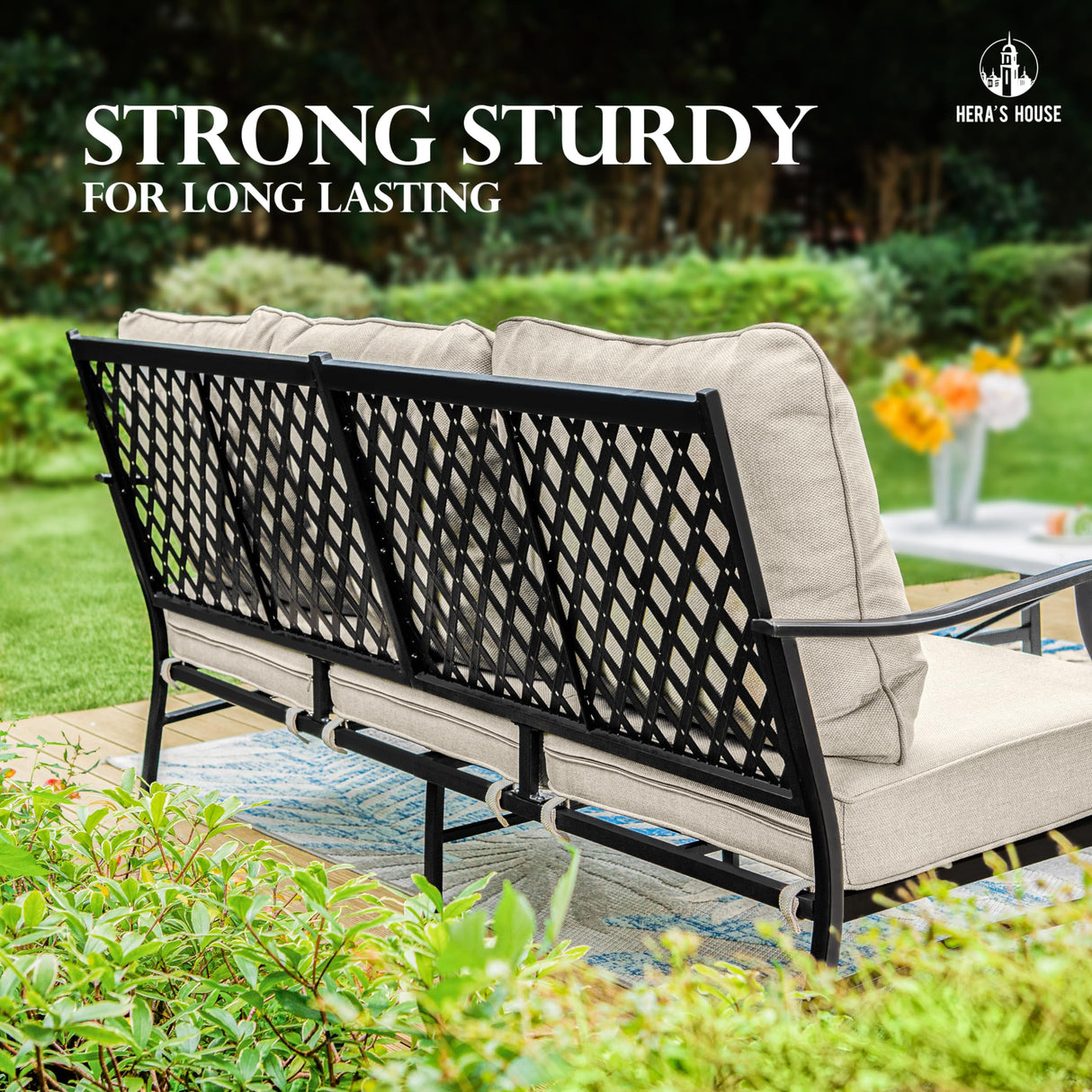 HERA'S HOUSE 5 Pieces Patio Furniture Set, 2 x Cushioned Rocking Chair, 2 x Ottoman, 1 x 3-Seat Sofa, All Cushioned 7 Seats Outdoor Conversation Set for Lawn Garden Backyard HERA'S HOUSE