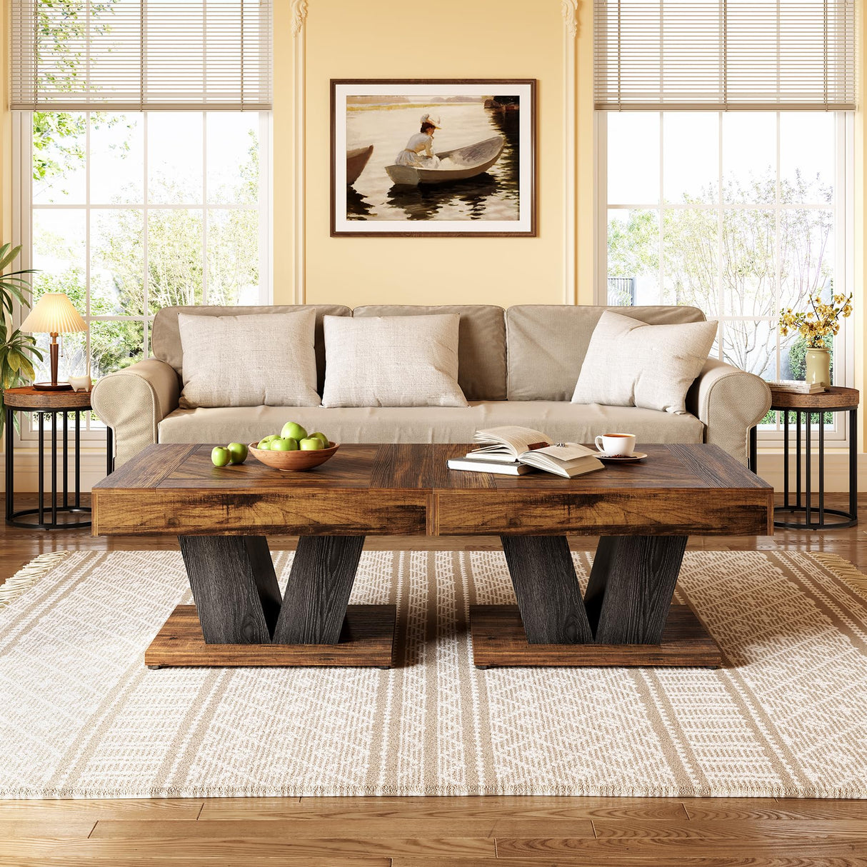 LITTLE TREE Square Coffee Table, Modern Rustic Coffee Table for Living Room, Wooden Coffee Table with Adjustable Feet, Brown LITTLE TREE