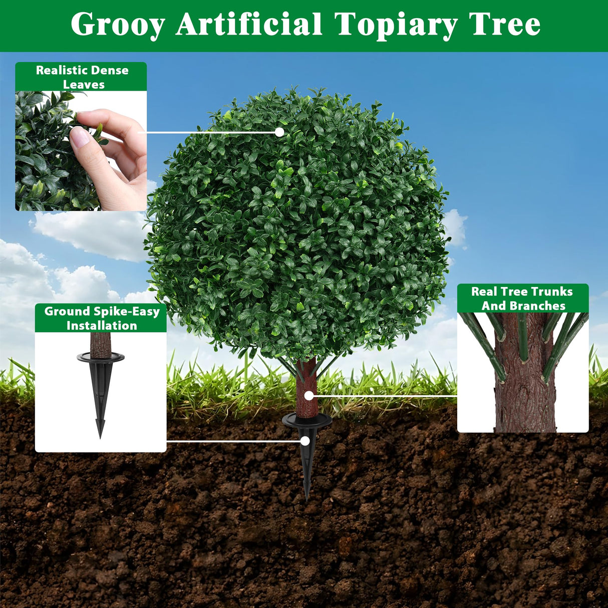 Grooy Artificial Boxwood Topiary Ball Tree with Ground Spike, Set of 2 Artificial Shrub Bushes, Fake Evergreen Tree for Porch, Artificial Plants for Outdoor Planters Indoor UV Resistant Grooy