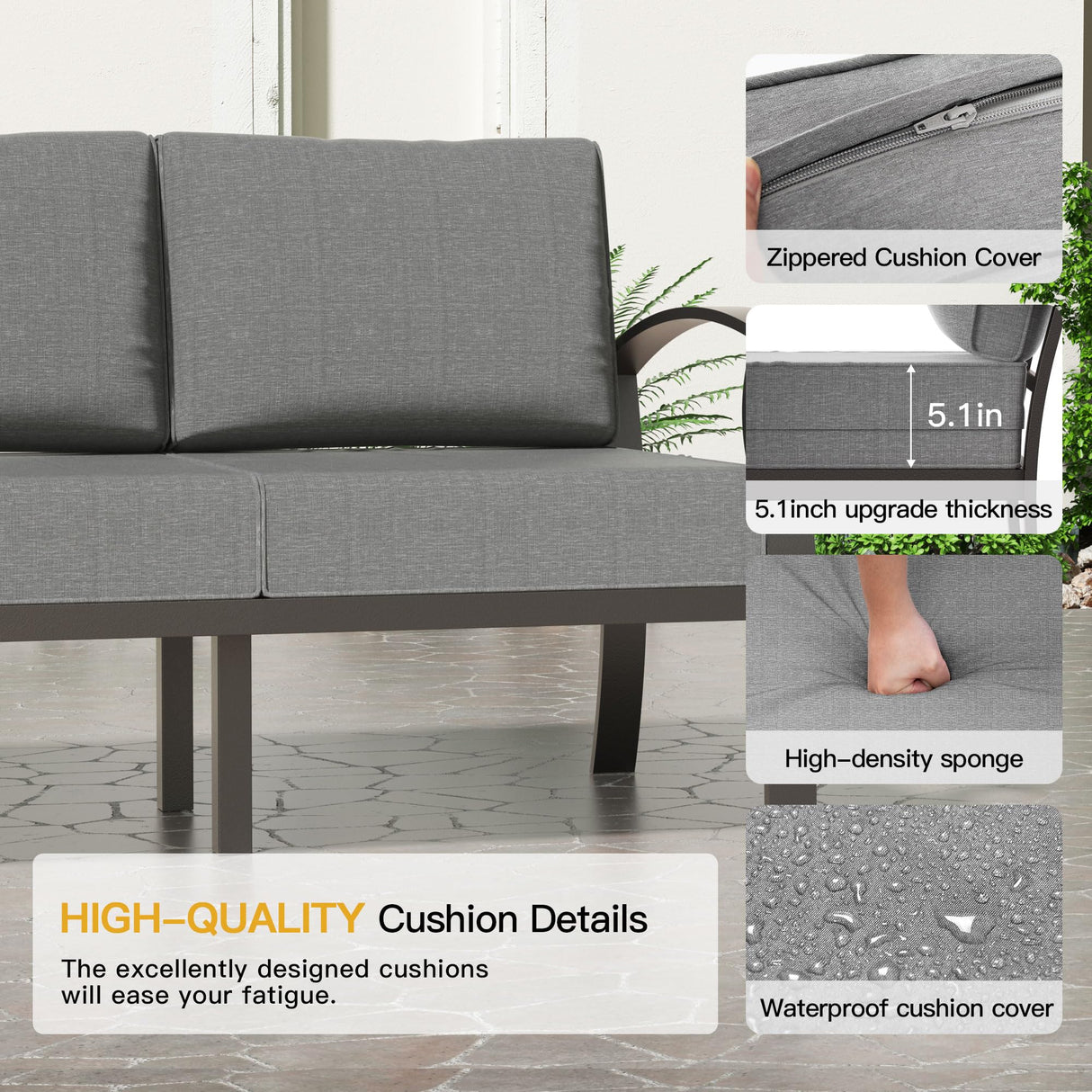 Trumbeak Aluminum Patio Furniture Set with 55,000 BTU Propane Fire Pit Table,6 Seats Metal Modern Outdoor Furniture w/5.1" Cushions,Patio Sectional w/Fire Pit for Patio,Backyard,Grey Trumbeak