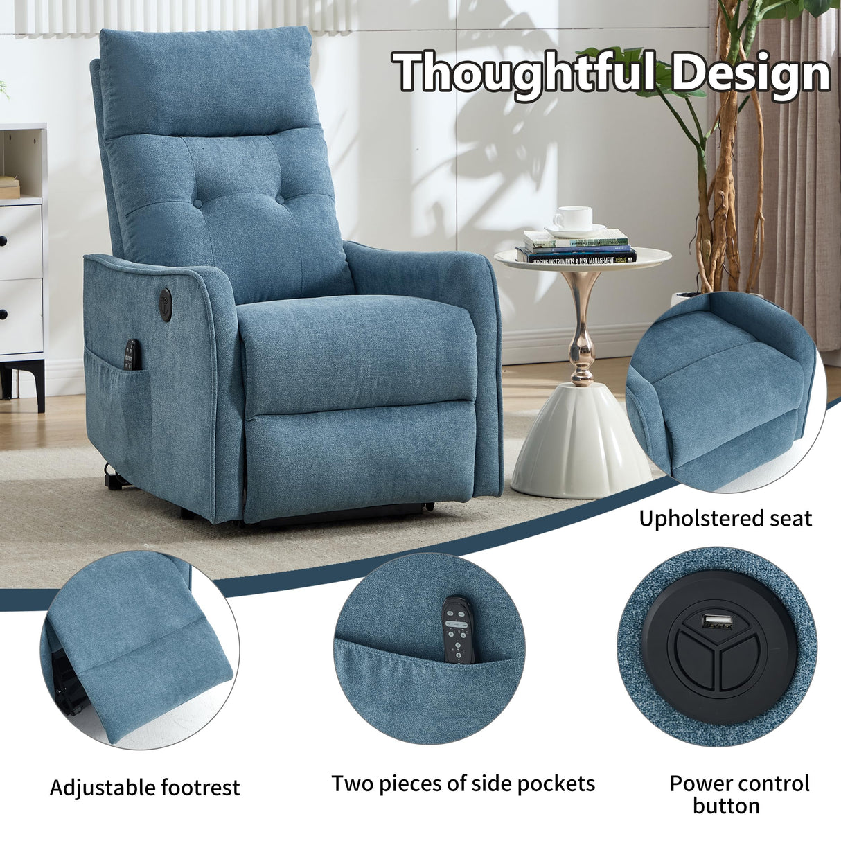 EZZUP Power Lift Recliner Chair with Vibration Massage and Heat for Petite Elderly, Small Lift Chair with Side Pocket Remote Control, Infinite Position, Polyester Fabric Blue EZZUP