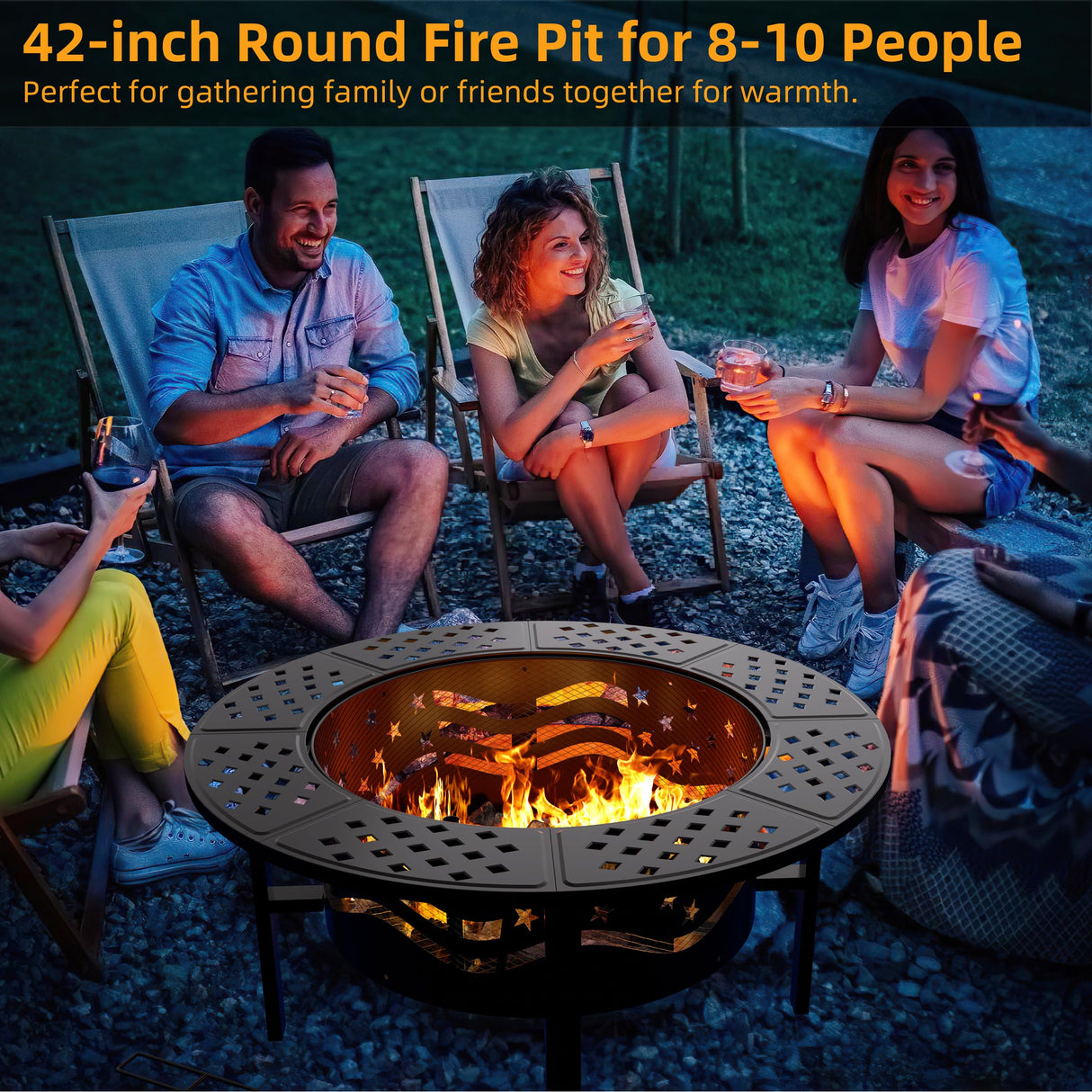 PrimeZone 42" Outdoor Fire Pit with 2 Grills - Wood Burning Firepit for Outside with Cover & Poker, Heavy Duty Metal Fire Pit Large Round Fireplace for Patio, Backyard, Picnic, Camping, Bonfire PrimeZone