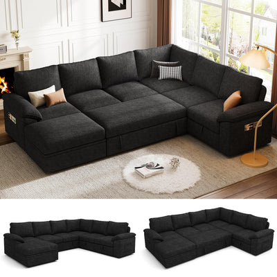 SUAWY 108 Inch Modular Sectional Sofa with Pull Out Bed, U Shaped 7 Seat Sectional Sleeper Sofa with Storage, Sectional Couches for Living Room,Cloud Modular Couch, Removable Sofa Cover, Black