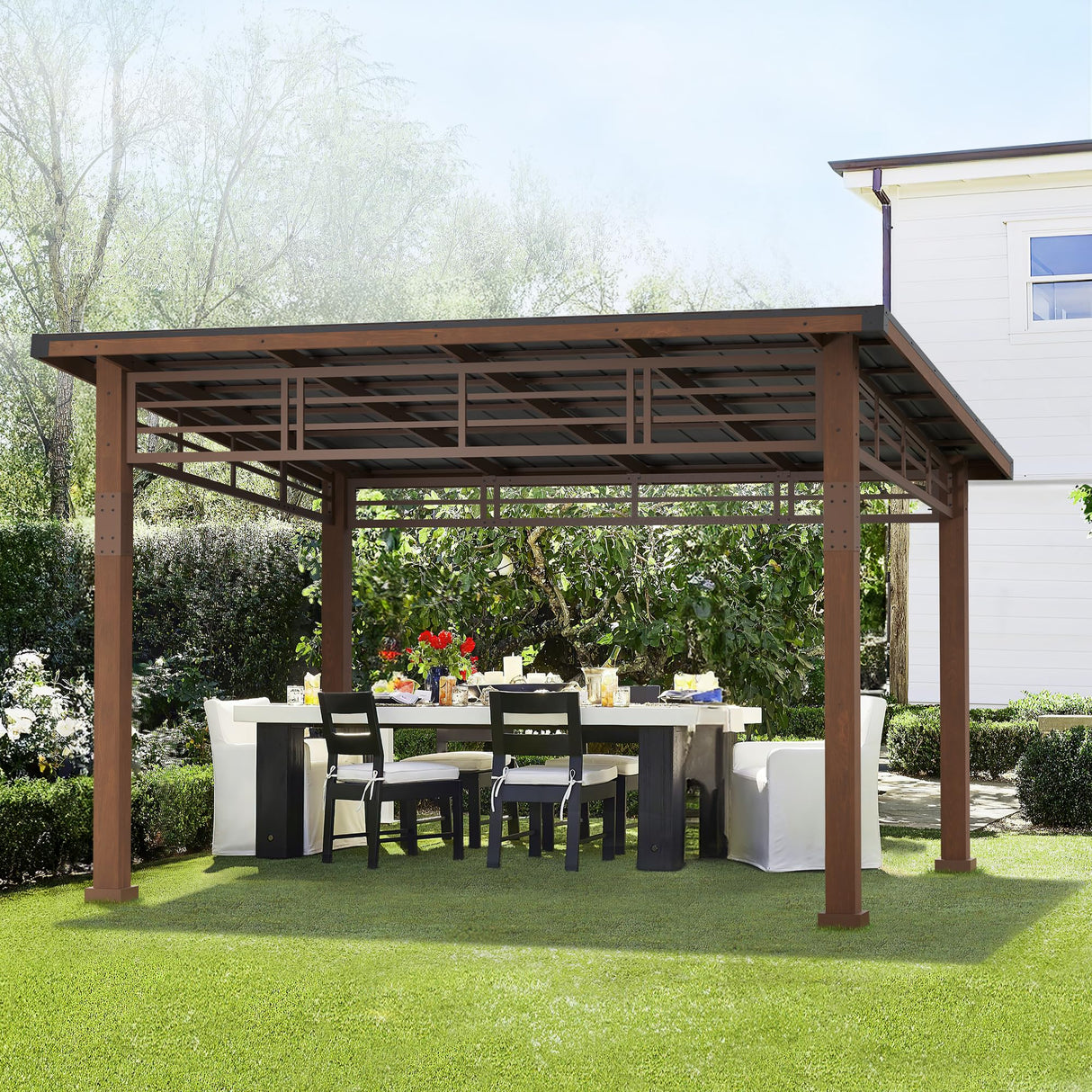 LUE BONA 12x14 Hardtop Gazebo, Outdoor Pergola Metal Roof Gazebo with Wooden Frame, Patio Gazebo Canopy with Curtains, Permanent Pavilion Grill Gazebo for Deck, Patio, Backyard, Garden LUE BONA