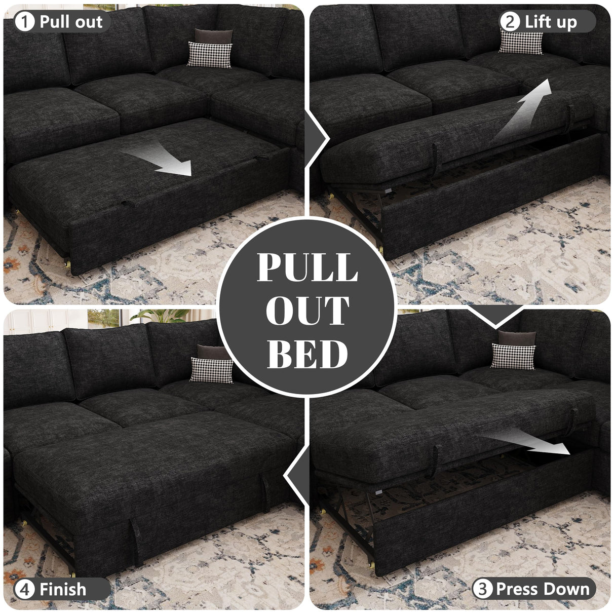 SUAWY 108 Inch Modular Sectional Sofa with Pull Out Bed, U Shaped 7 Seat Sectional Sleeper Sofa with Storage, Sectional Couches for Living Room,Cloud Modular Couch, Removable Sofa Cover, Black SUAWY