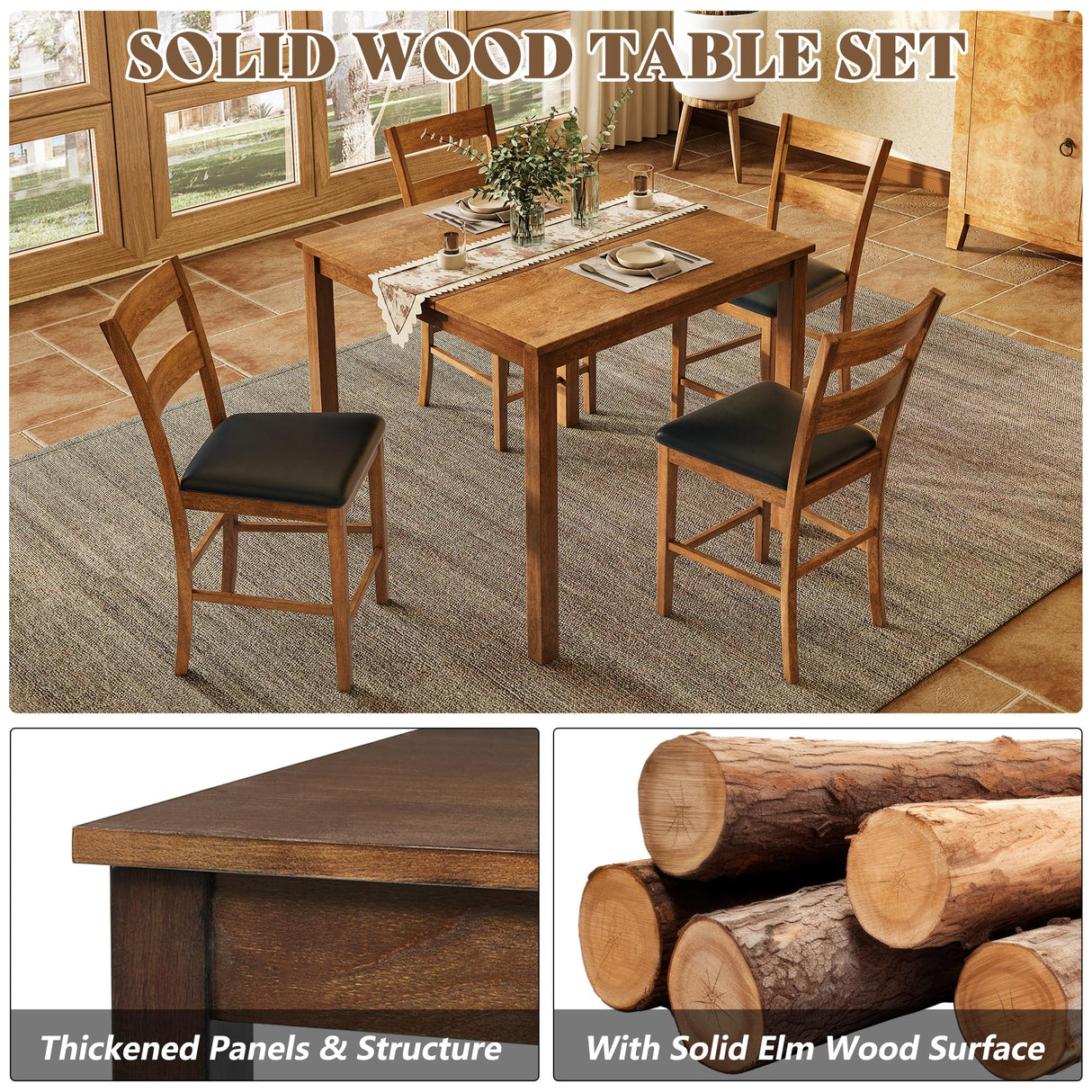 AMERLIFE Solid Wood 5-Piece Dining Table Set, Mid Century Modern Dining Set W/ 4 Chairs, Chairs with Curved Backrests & PU Cushioned, Space Saving, Black/Walnut AMERLIFE